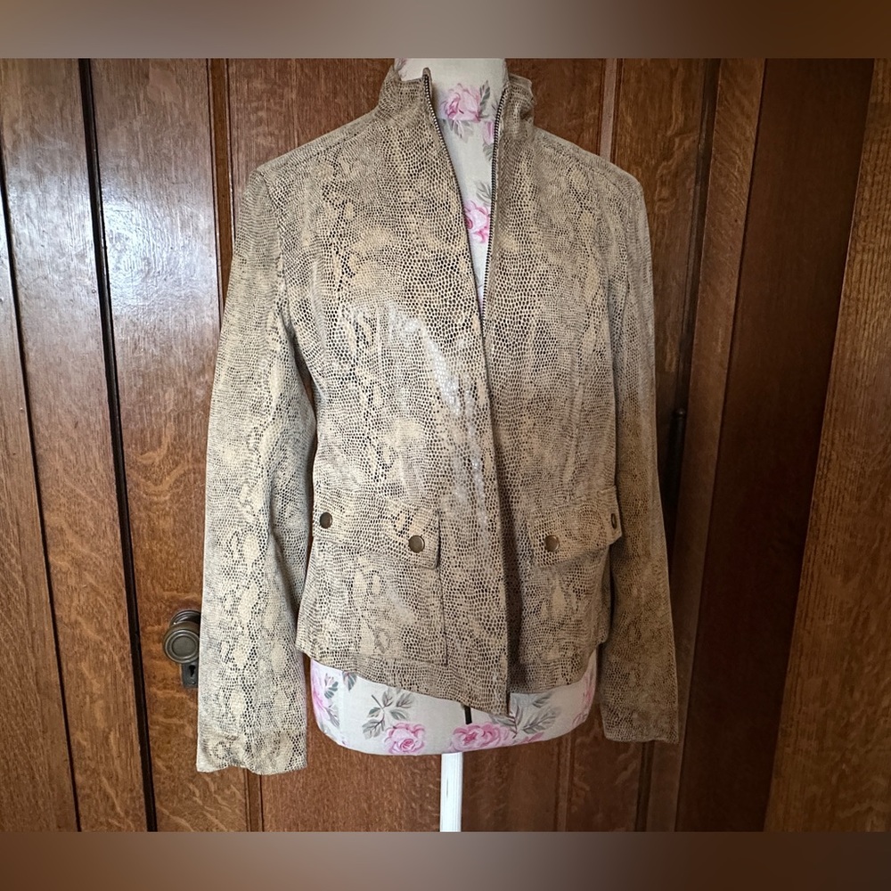 Alfani Taupe Snakeskin Patterned Leather Moto Jacket, Size M